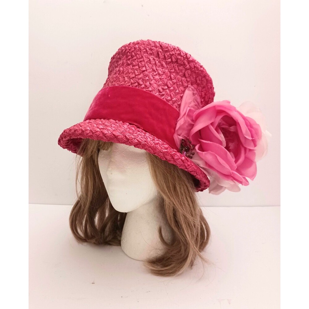 VTG Mr Josephs Hot Pink Straw Hat Lg Pink Rose Trim Velvet Ribbon